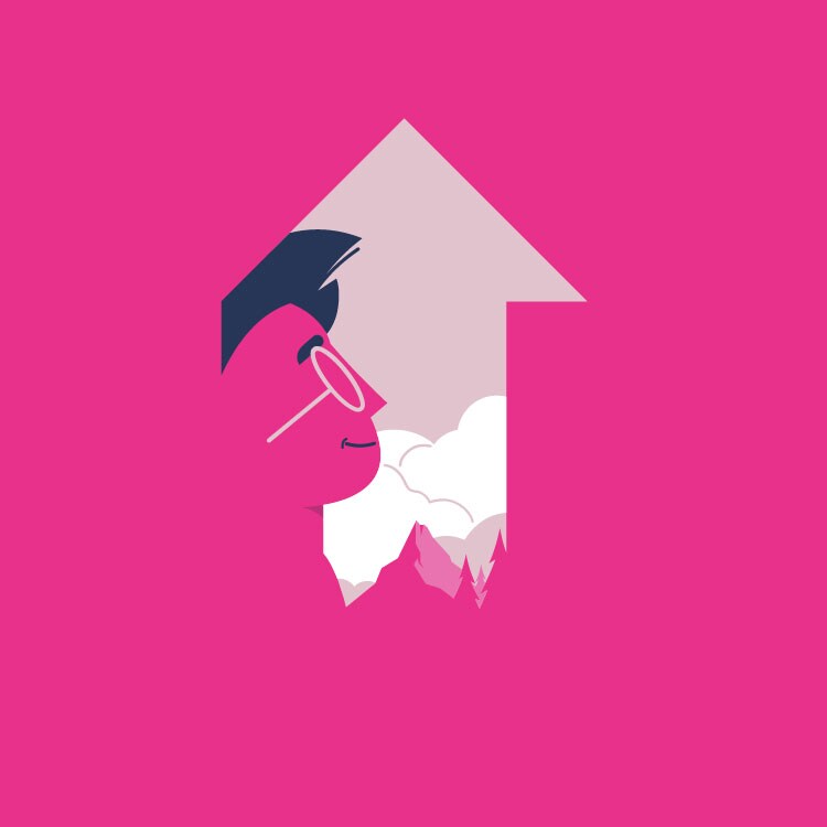 Graphic representation of a human face wearing glasses looking up, integrated on the left side within an arrow up which contains mountains, some trees, and clouds at the bottom..