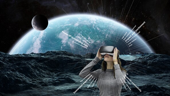 A wonan on the Moon in VR glasses