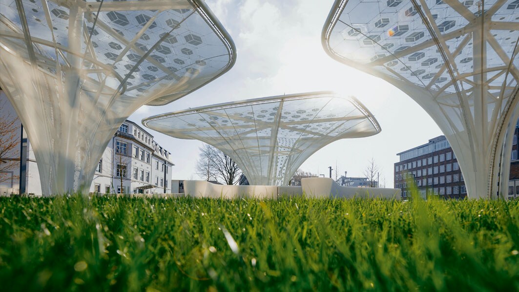 Solar trees on the headquarters campus in Darmstadt, Germany
