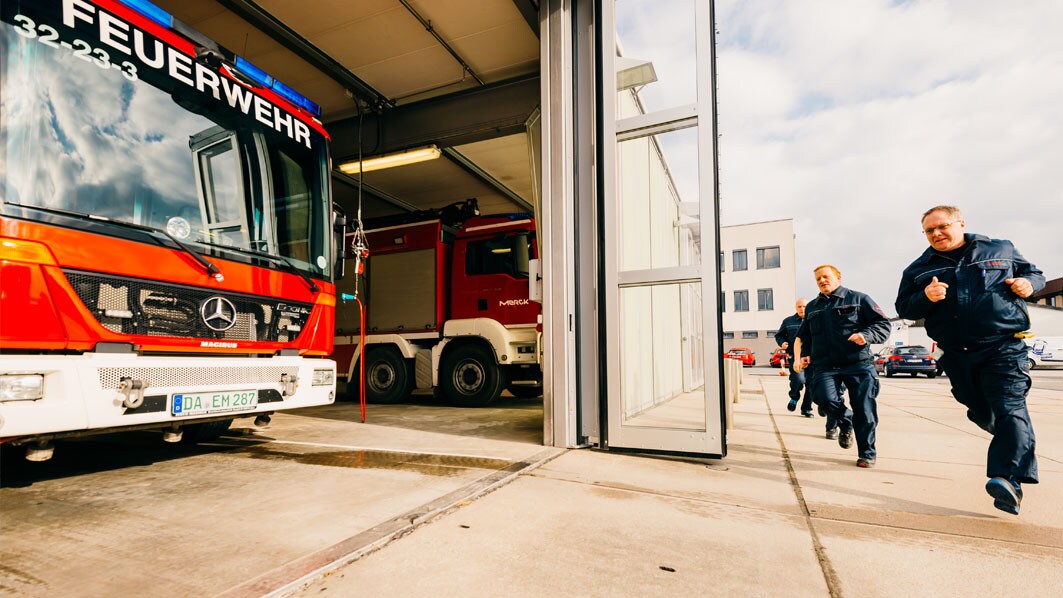 Firefighters during an emergency exercise in Darmstadt, Germany. They have 60 seconds to respond.
