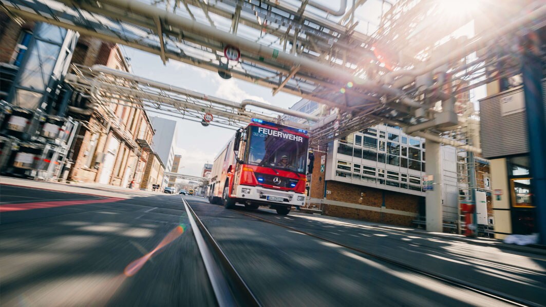 Fire engine on the headquarters campus in Darmstadt, Germany.