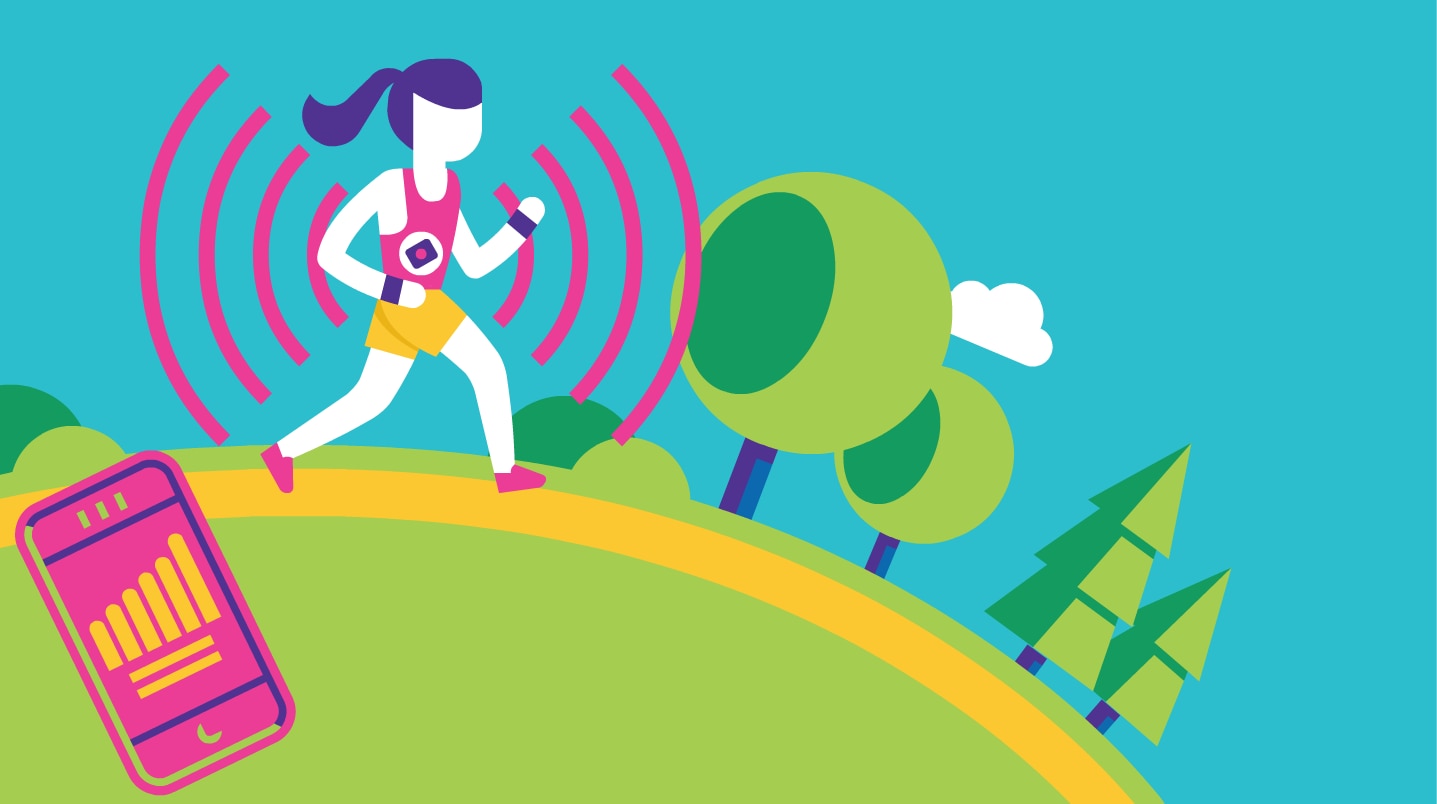   A girl running using bioelectronic technology to collect information