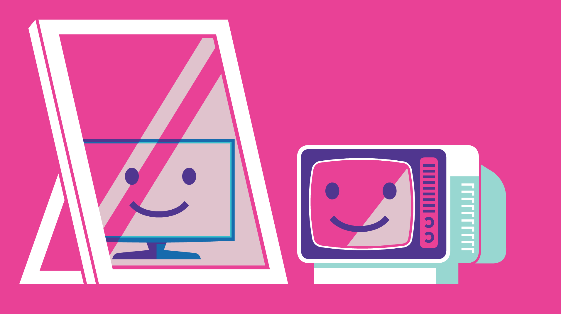 An old fashioned television is looking in the mirror and seeing a more improved and a more modern television