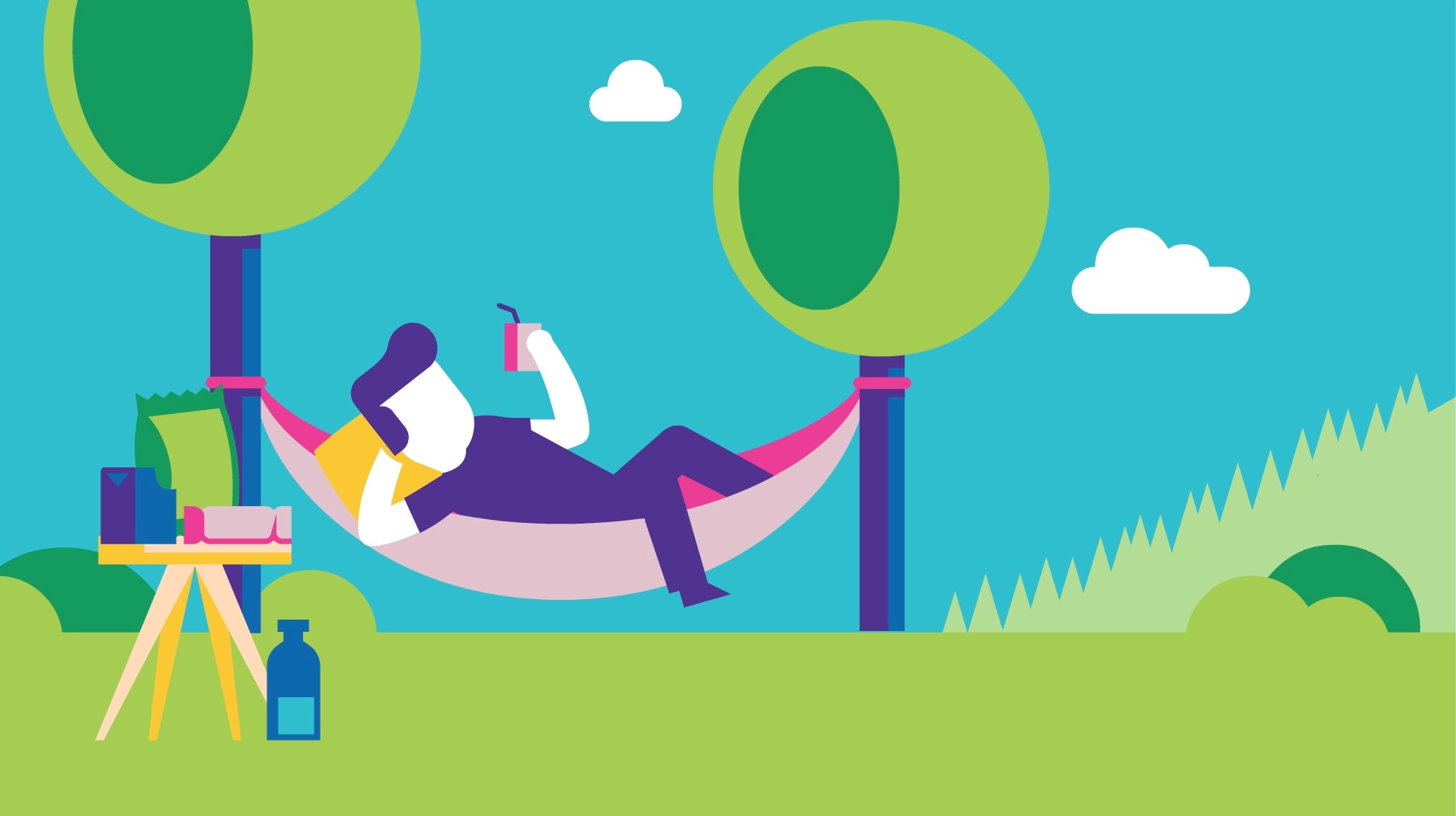  A man relaxing on a hammock, examining his drink making sure there's no unwanted additives in it.