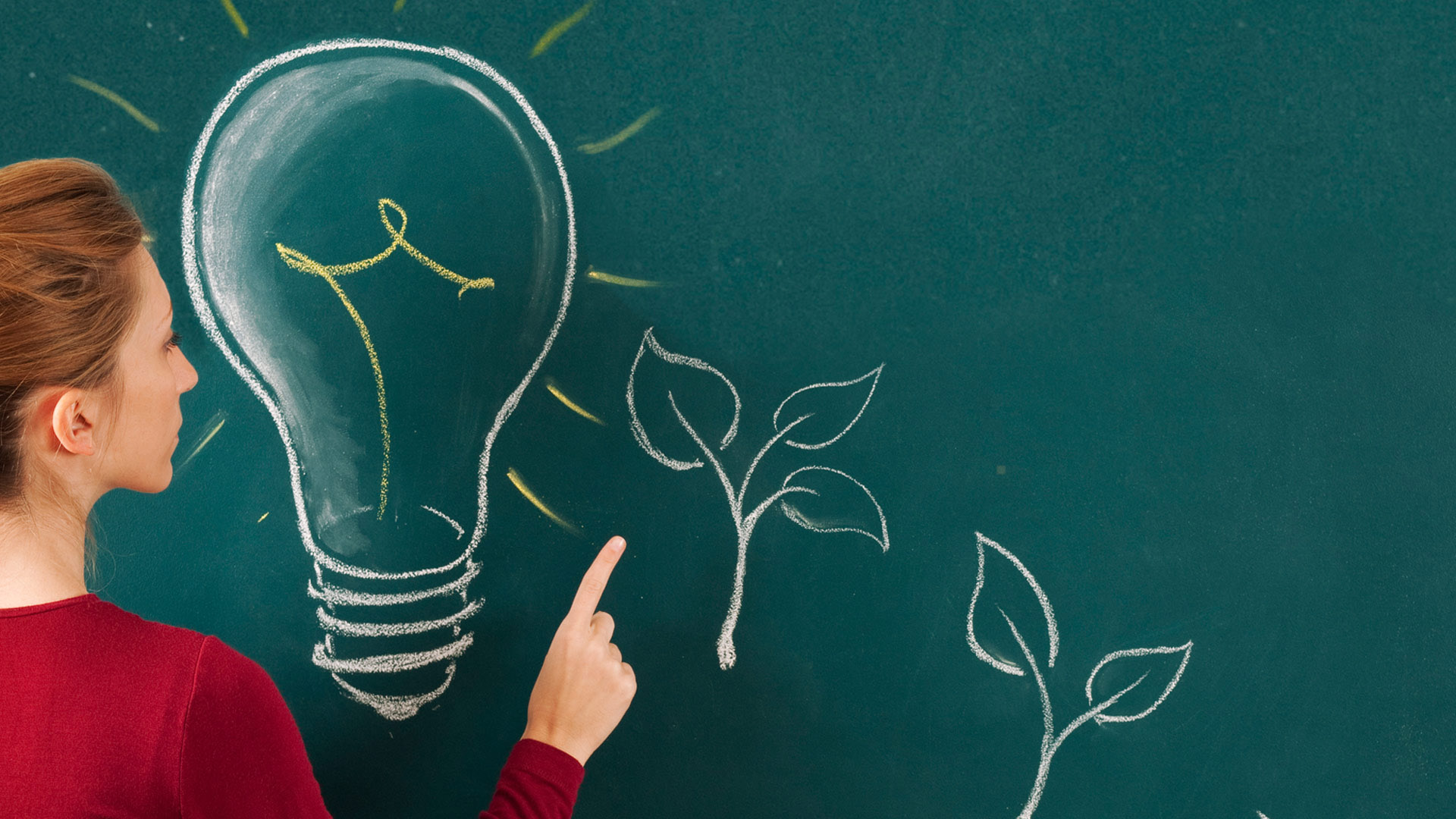    A woman stands in front of a blackboard with drawings of a lightbulb and plants