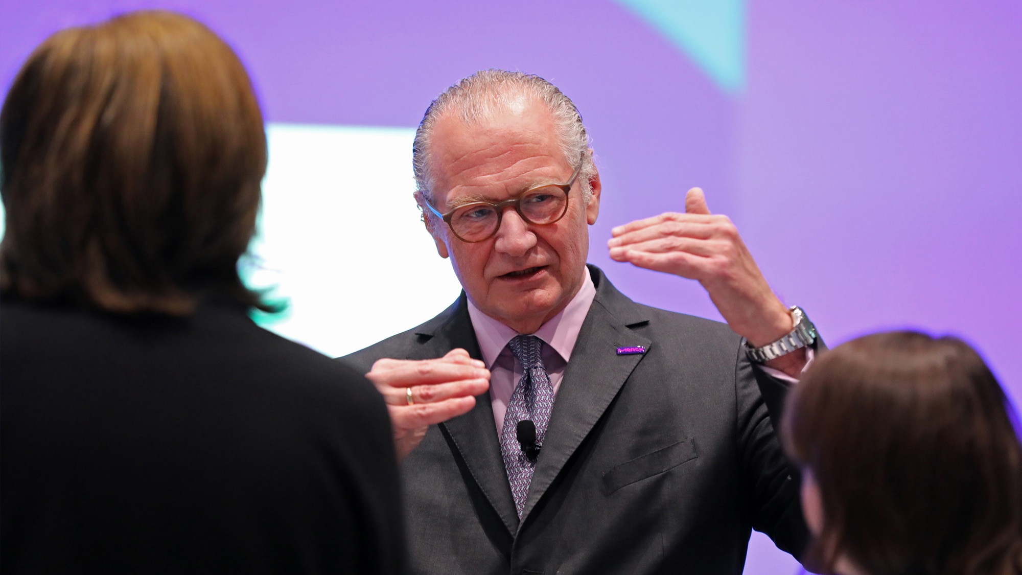 CEO Stefan Oschmann in a conversation with journalists after the annual press conference in Darmstadt, Germany.